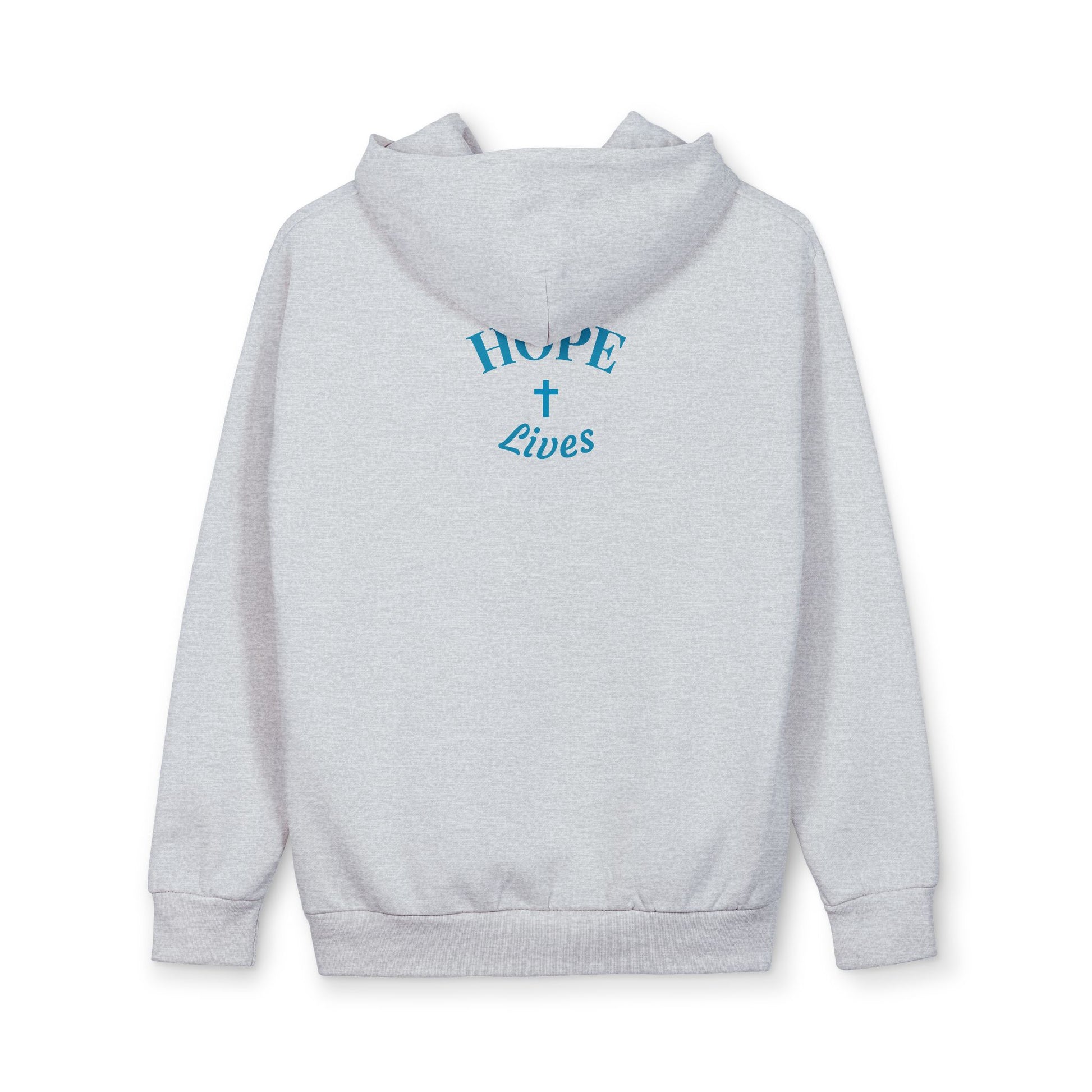 Light grey hoodie with blue text 'HOPE' and 'Lives' separated by a cross on the back