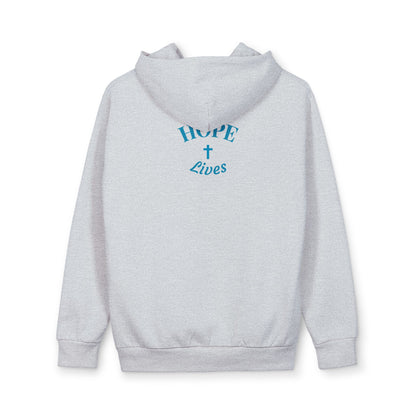 Light grey hoodie with blue text 'HOPE' and 'Lives' separated by a cross on the back