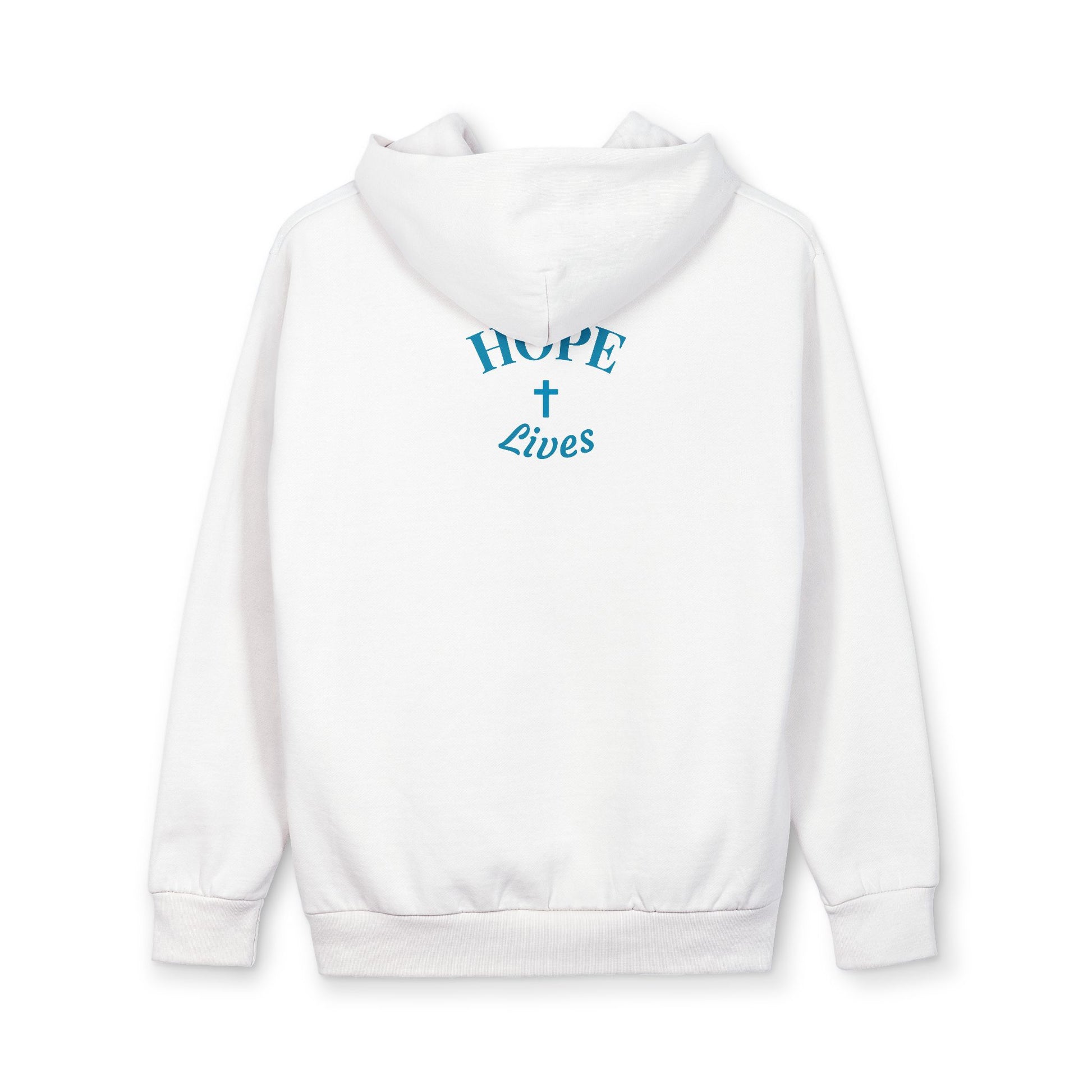 White hoodie with blue text "HOPE Lives" and cross symbol on the back
