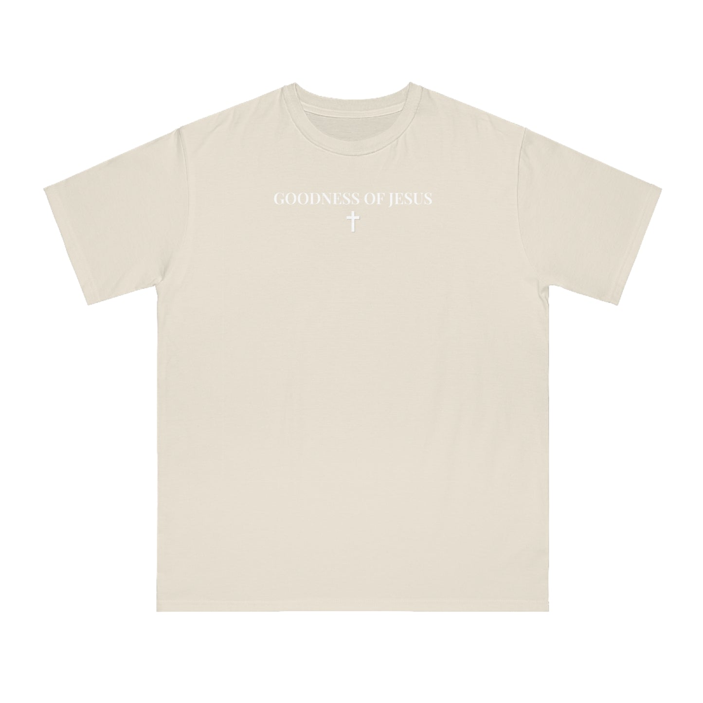 Beige T-shirt with white text 'GOODNESS OF JESUS' and a small cross graphic below the text