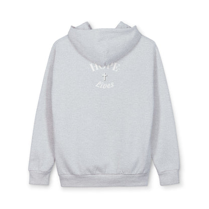 Light gray hoodie with white text "HOPE Lives" and a cross graphic on the back