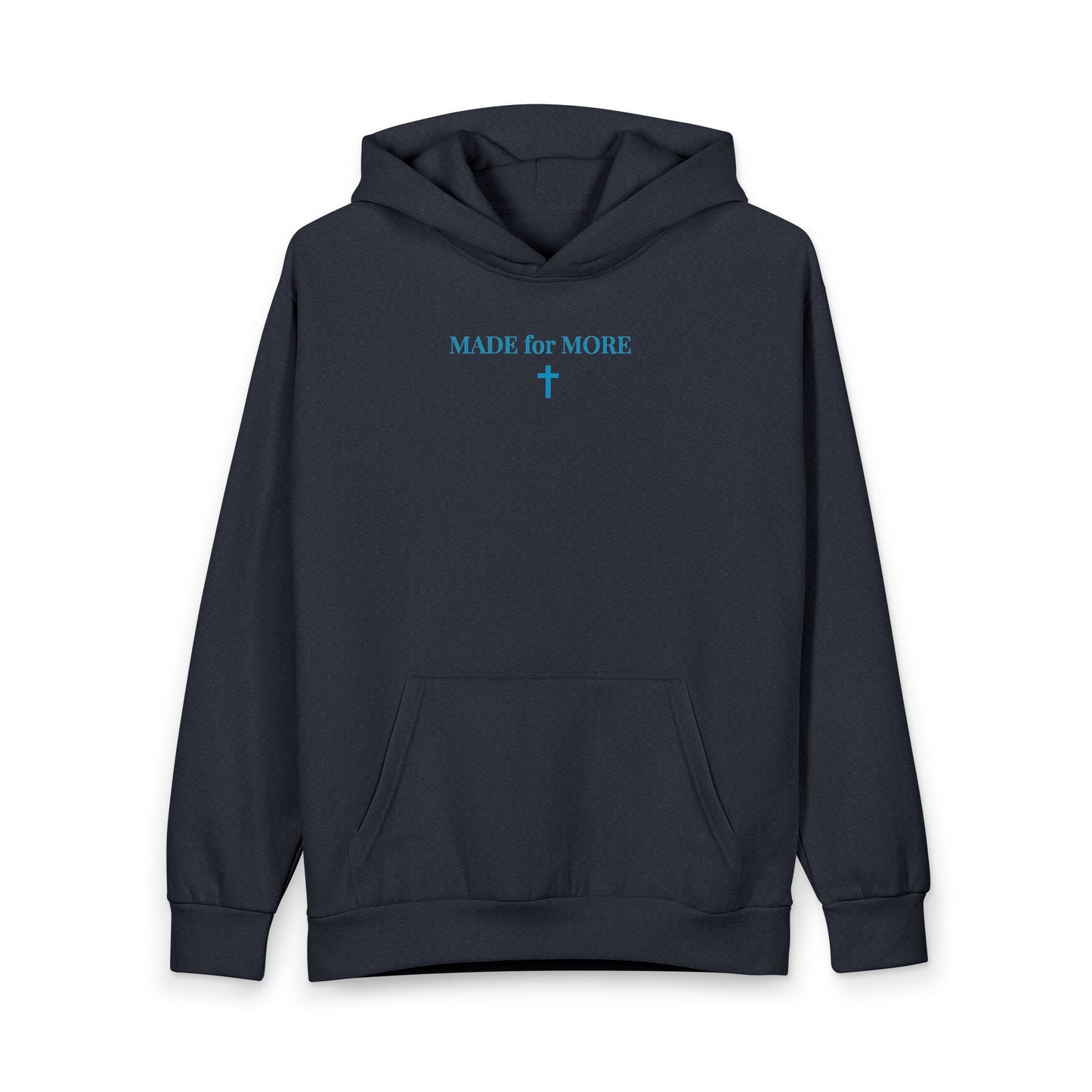 Navy blue hoodie with front pocket and blue text 'MADE for MORE' above a cross symbol