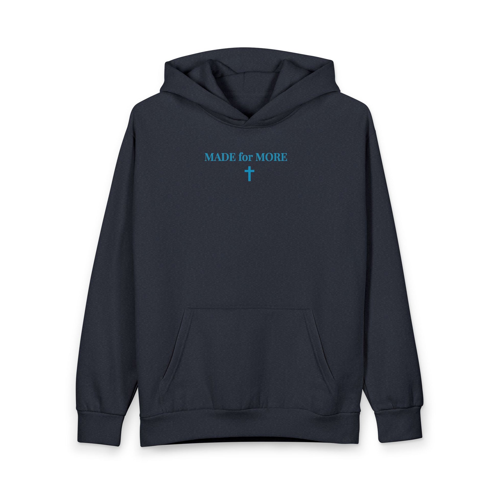 Navy blue hoodie with front pocket and blue text 'MADE for MORE' above a cross symbol