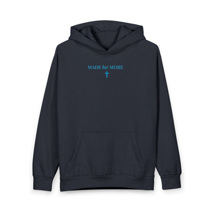 Navy blue hoodie with front pocket and blue text 'MADE for MORE' above a cross symbol