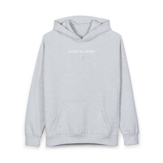 Light gray hoodie with front pocket, featuring white text "MADE for MORE" and silver cross design