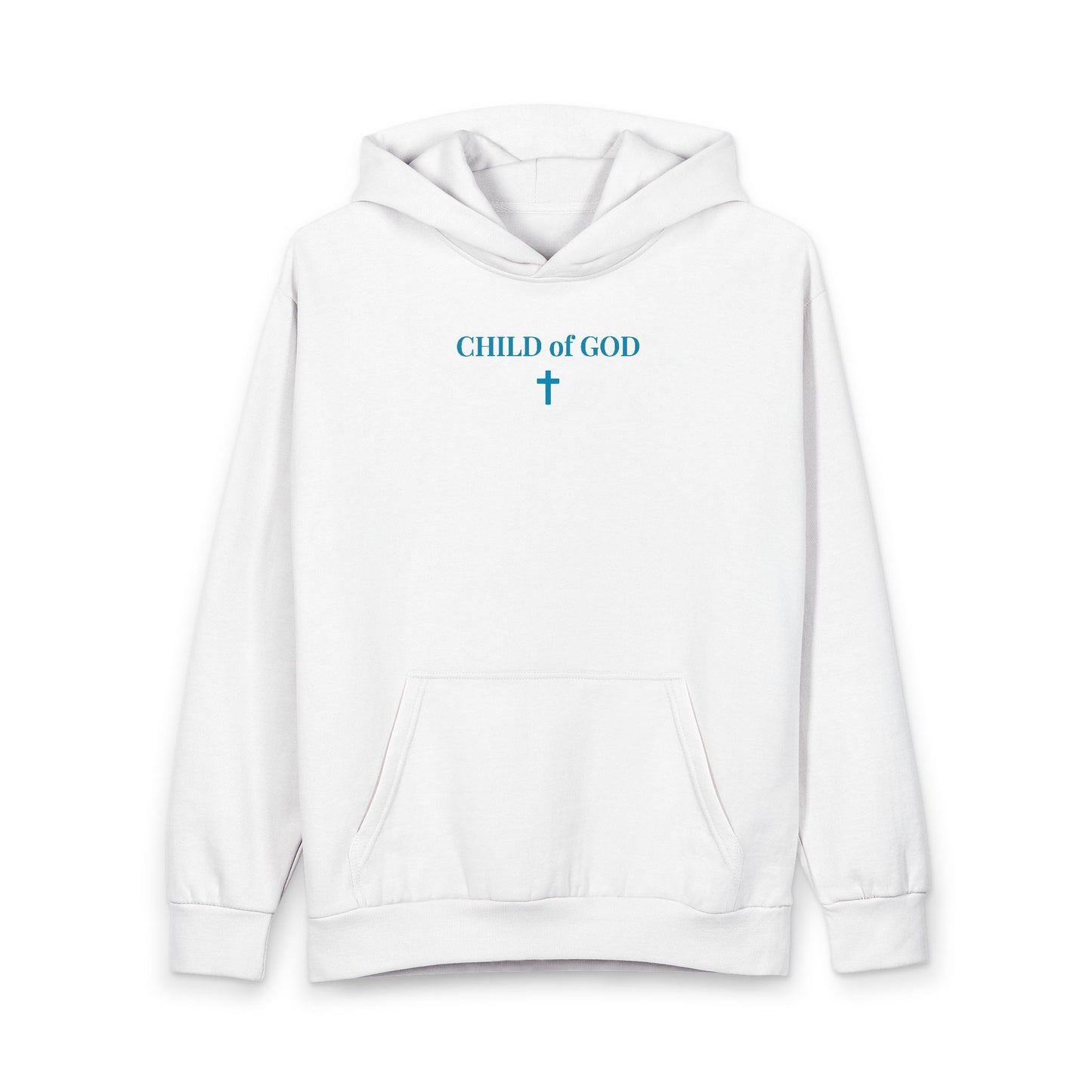 White hoodie with blue text 'CHILD of GOD' and a small cross graphic on chest, front pouch pocket