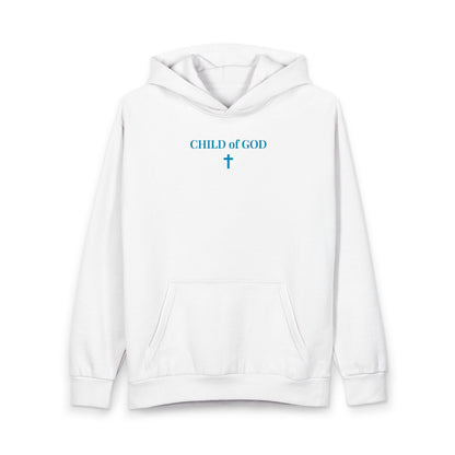 White hoodie with blue text 'CHILD of GOD' and a small cross graphic on chest, front pouch pocket