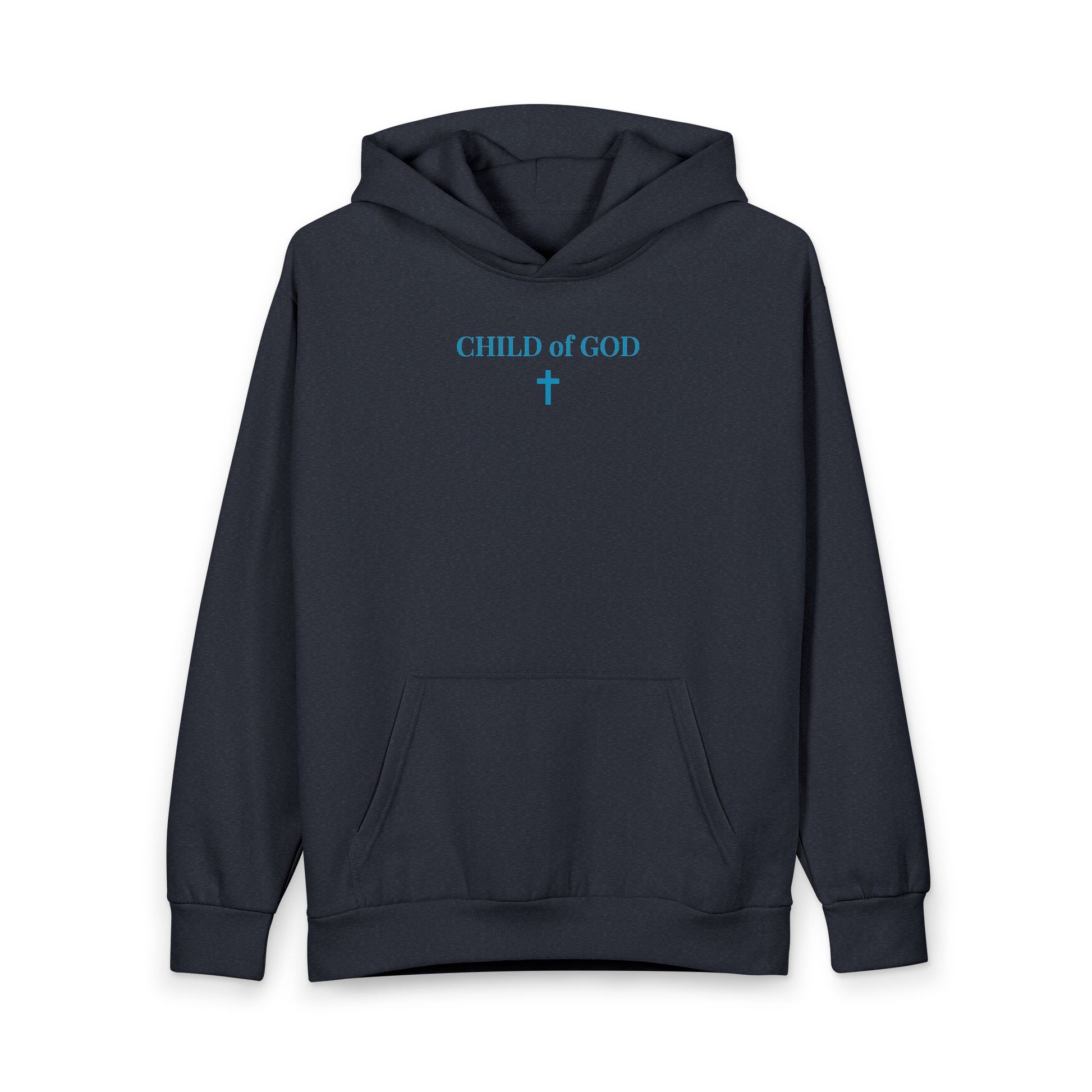Dark navy hoodie with blue text 'CHILD of GOD' and cross graphic on chest
