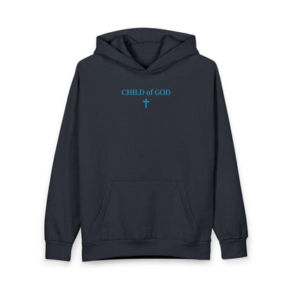Dark navy hoodie with blue text 'CHILD of GOD' and cross graphic on chest