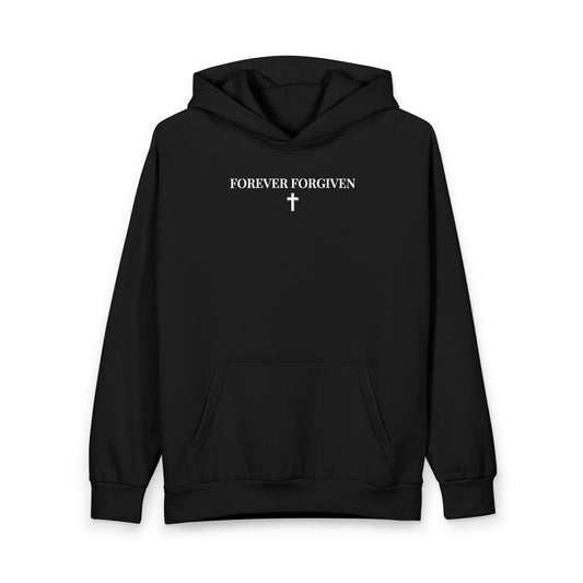 Black hoodie with white text 'FOREVER FORGIVEN' and cross symbol on front, religious sweatshirt
