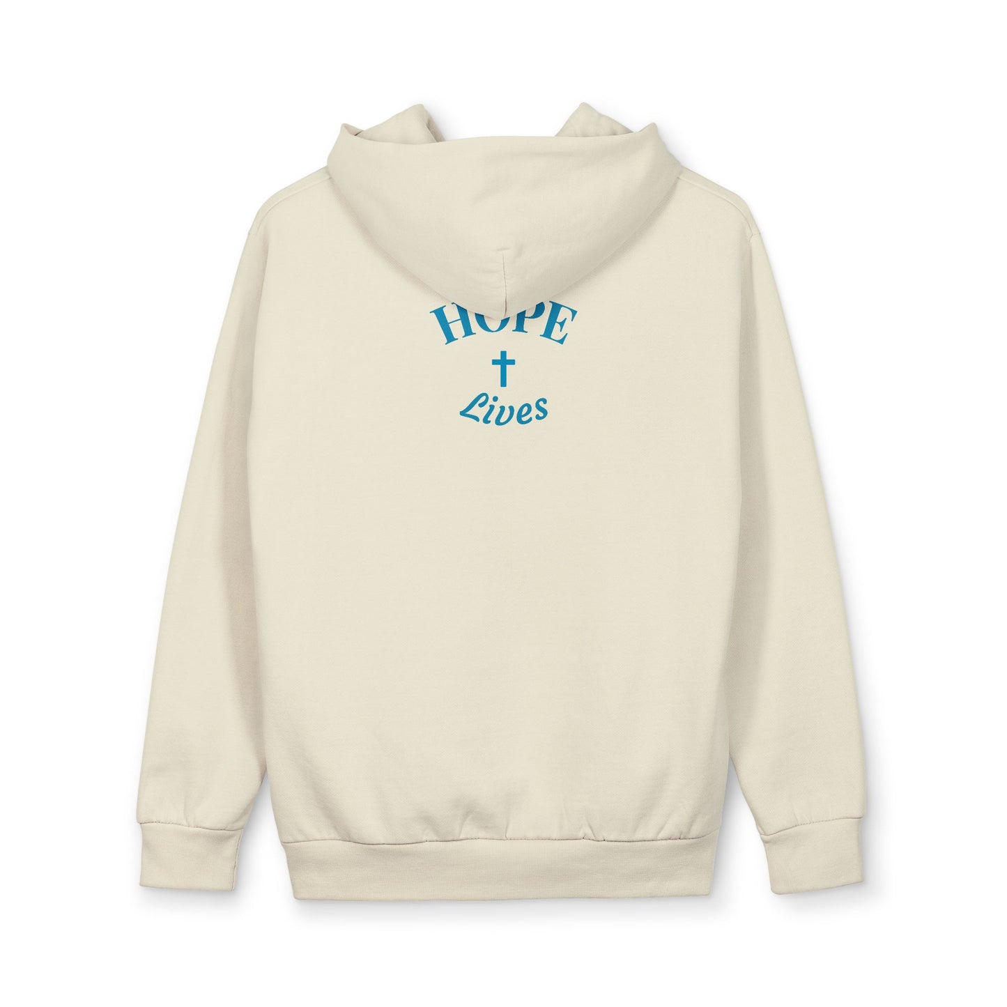 Beige hoodie with blue text and cross on back reading 'HOPE Lives'