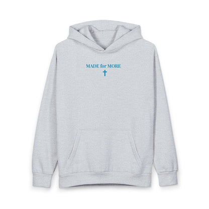 Light gray hoodie with blue text "MADE for MORE" and a cross symbol on front, kangaroo pocket
