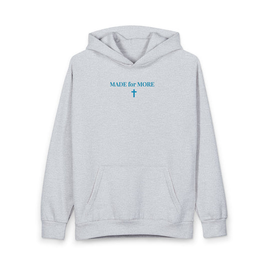 Light gray hoodie with blue text "MADE for MORE" and a cross symbol on front, kangaroo pocket