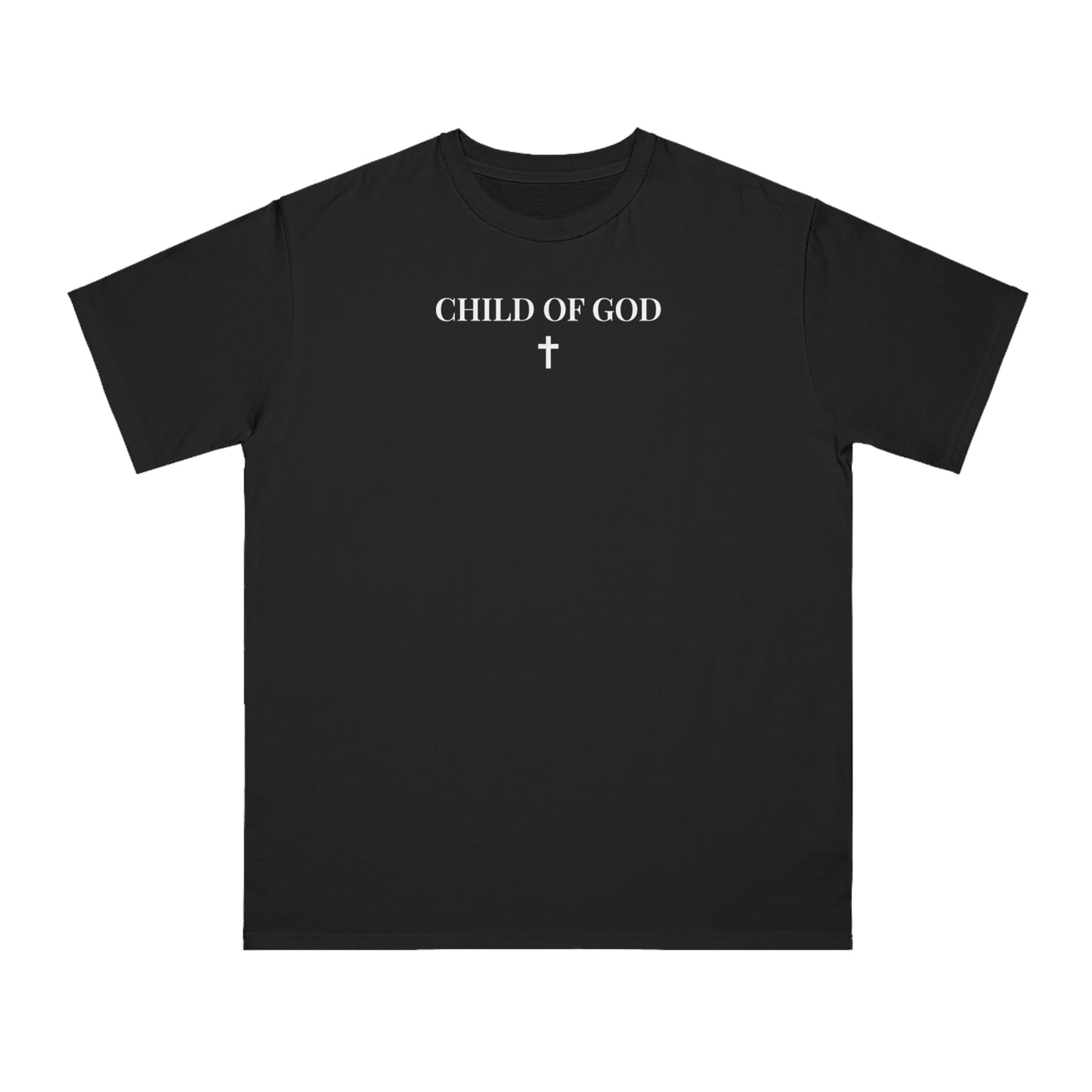 Black T-shirt with white text 'CHILD OF GOD' and a small cross graphic below