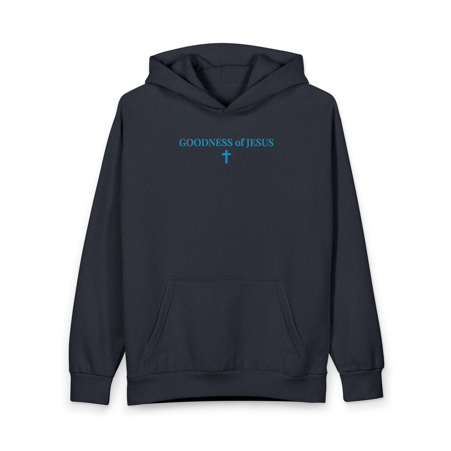 Navy blue hoodie with front pocket and hood, featuring blue text "GOODNESS of JESUS" and a cross graphic