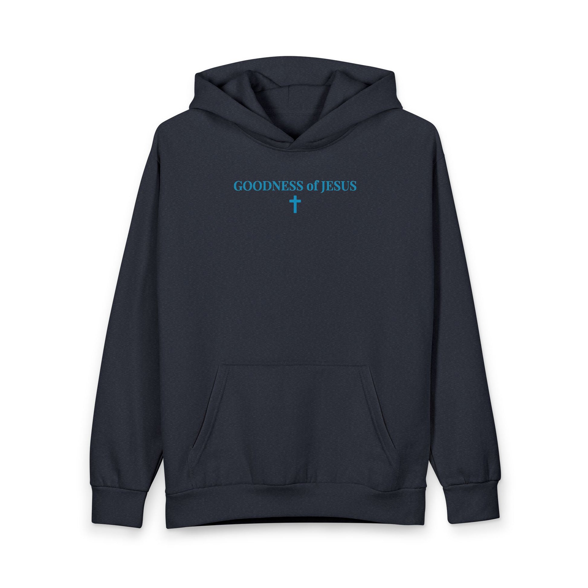 Navy blue hoodie with front pocket and hood, featuring blue text "GOODNESS of JESUS" and a cross graphic
