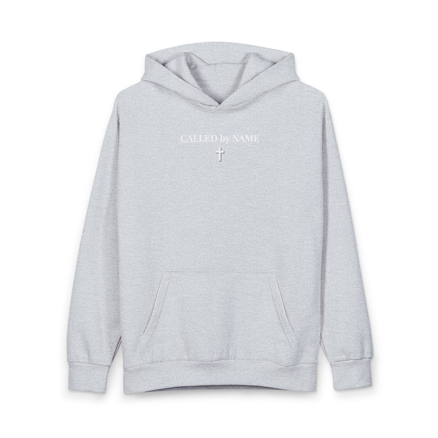 Light gray hoodie with front pocket and white text 'CALLED by NAME' above a small cross graphic