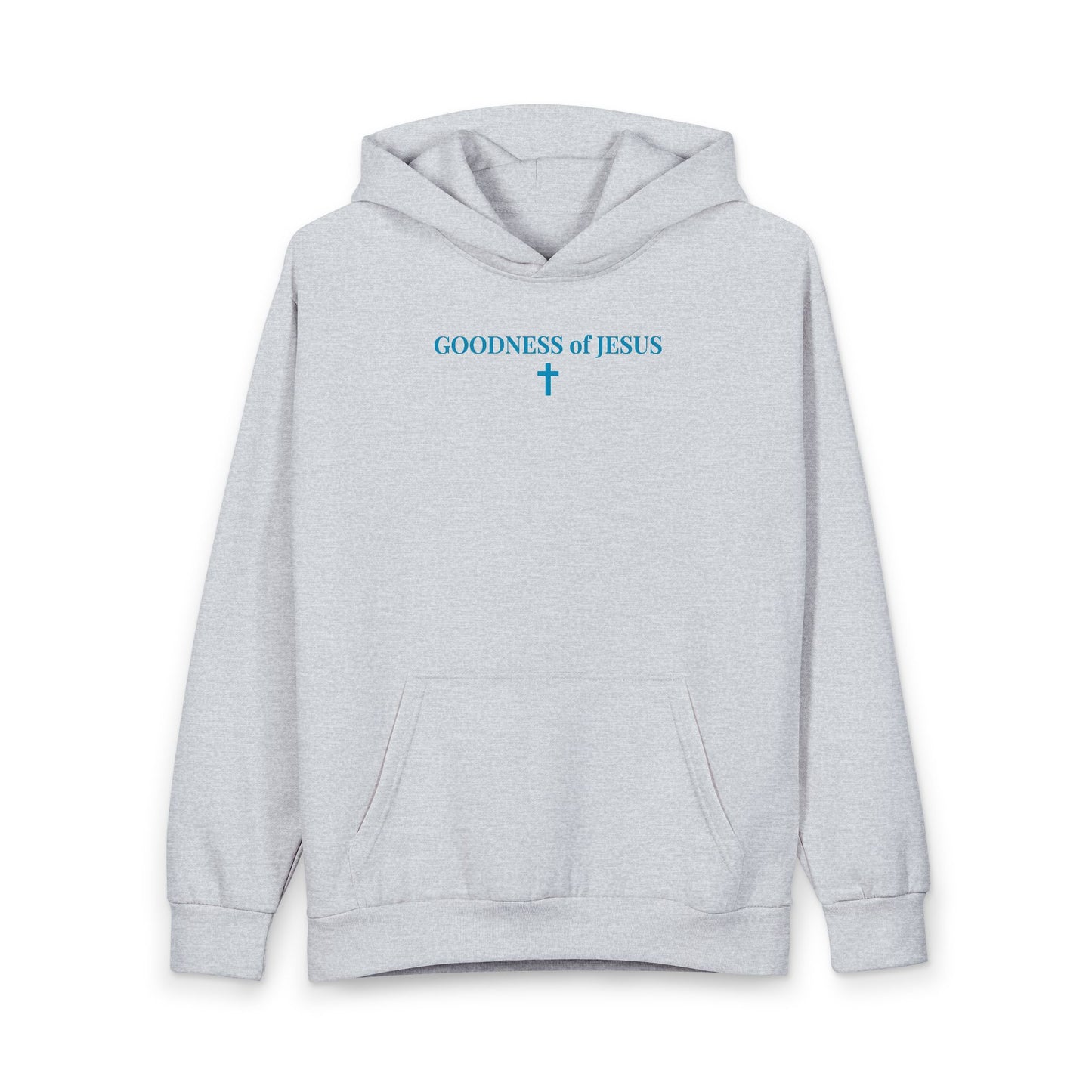 Light gray hoodie with blue text Goodness of Jesus and a cross symbol on chest