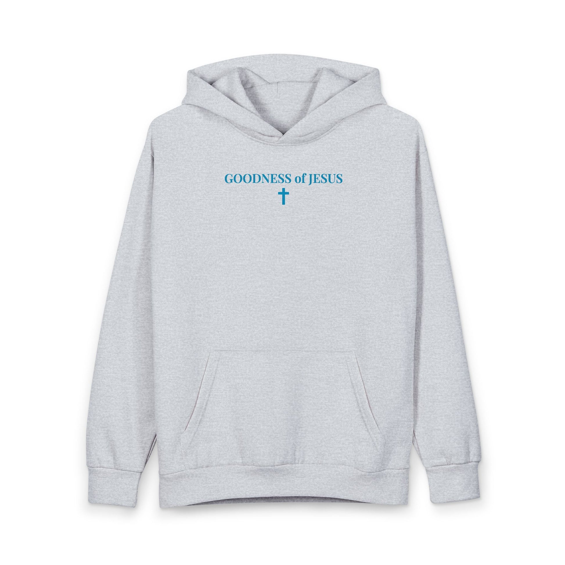 Light gray hoodie with blue text Goodness of Jesus and a cross symbol on chest