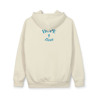 Beige hoodie with blue text 'HOPE Lives' and cross graphic on the back