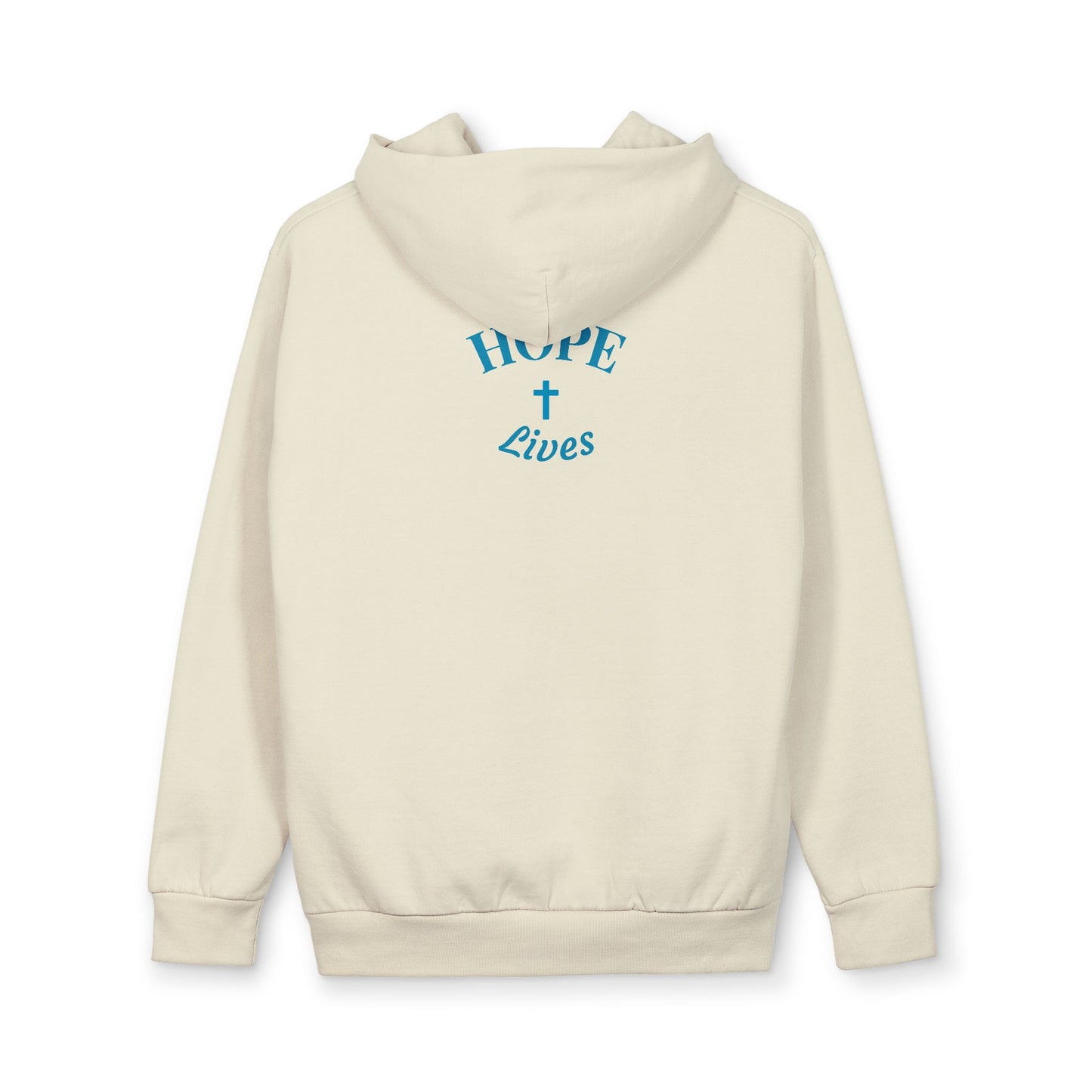 Cream hoodie with blue text 'HOPE Lives' and a cross on the back