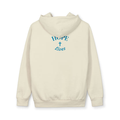 Cream hoodie with blue text 'HOPE Lives' and a cross on the back