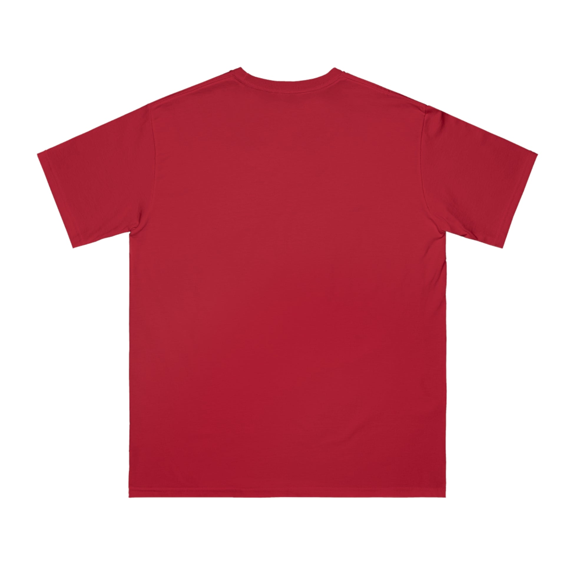Plain red short-sleeve cotton t-shirt laid flat showing back view