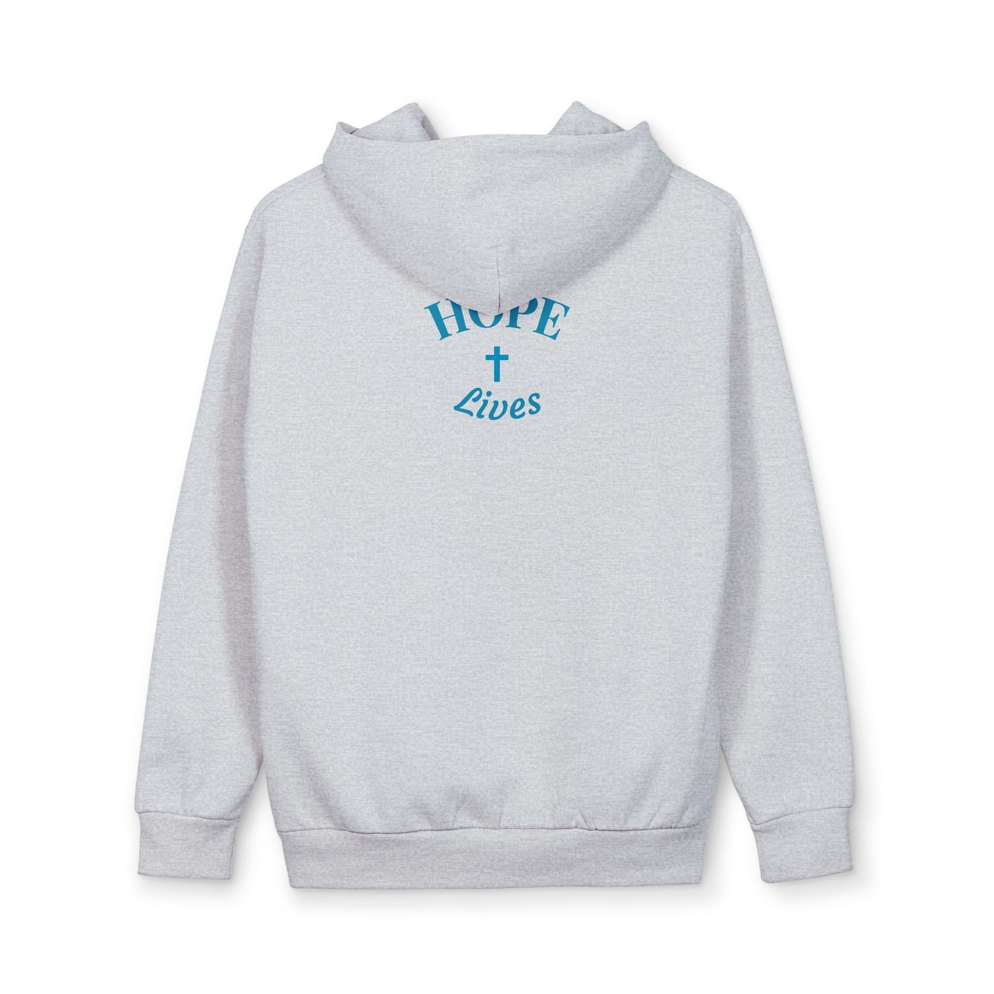 Light gray hoodie with blue text and cross graphic reading 'Hope Lives' on back
