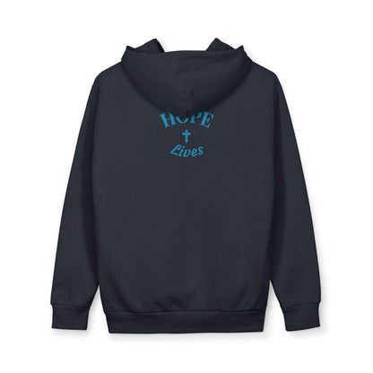 Black hooded sweatshirt with blue HOPE Lives text and cross graphic on back