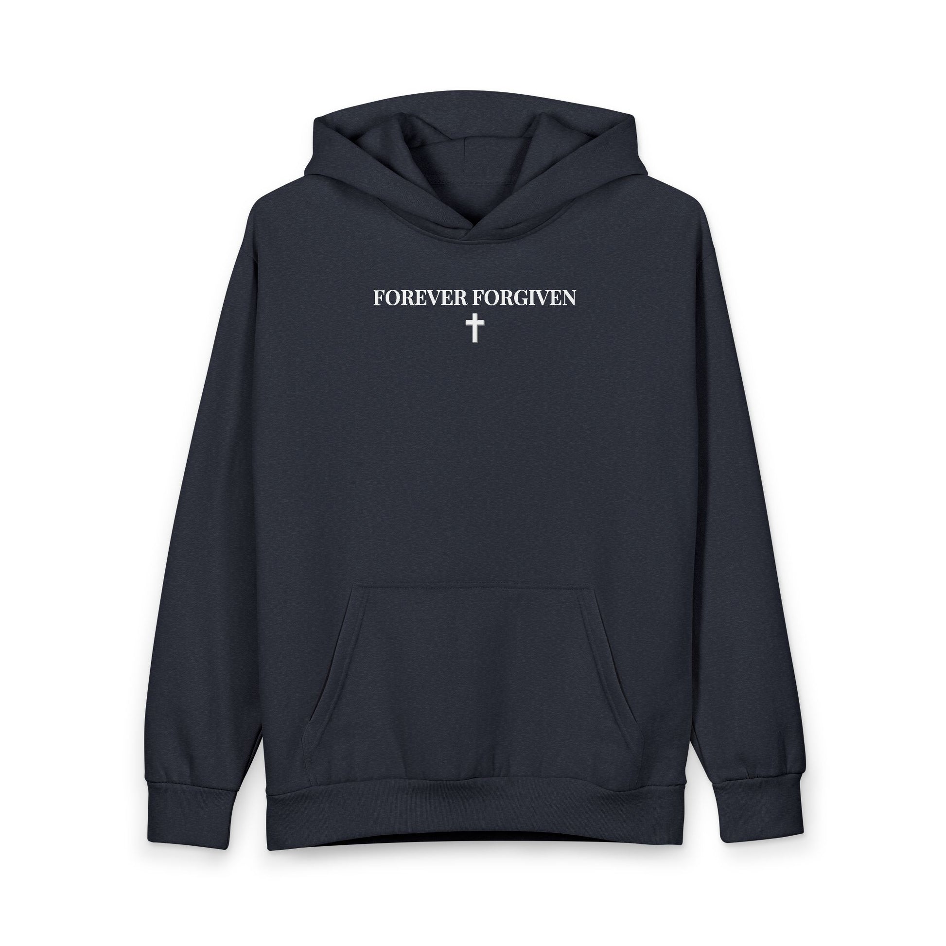 Black hoodie with white text "FOREVER FORGIVEN" and a white cross graphic on front