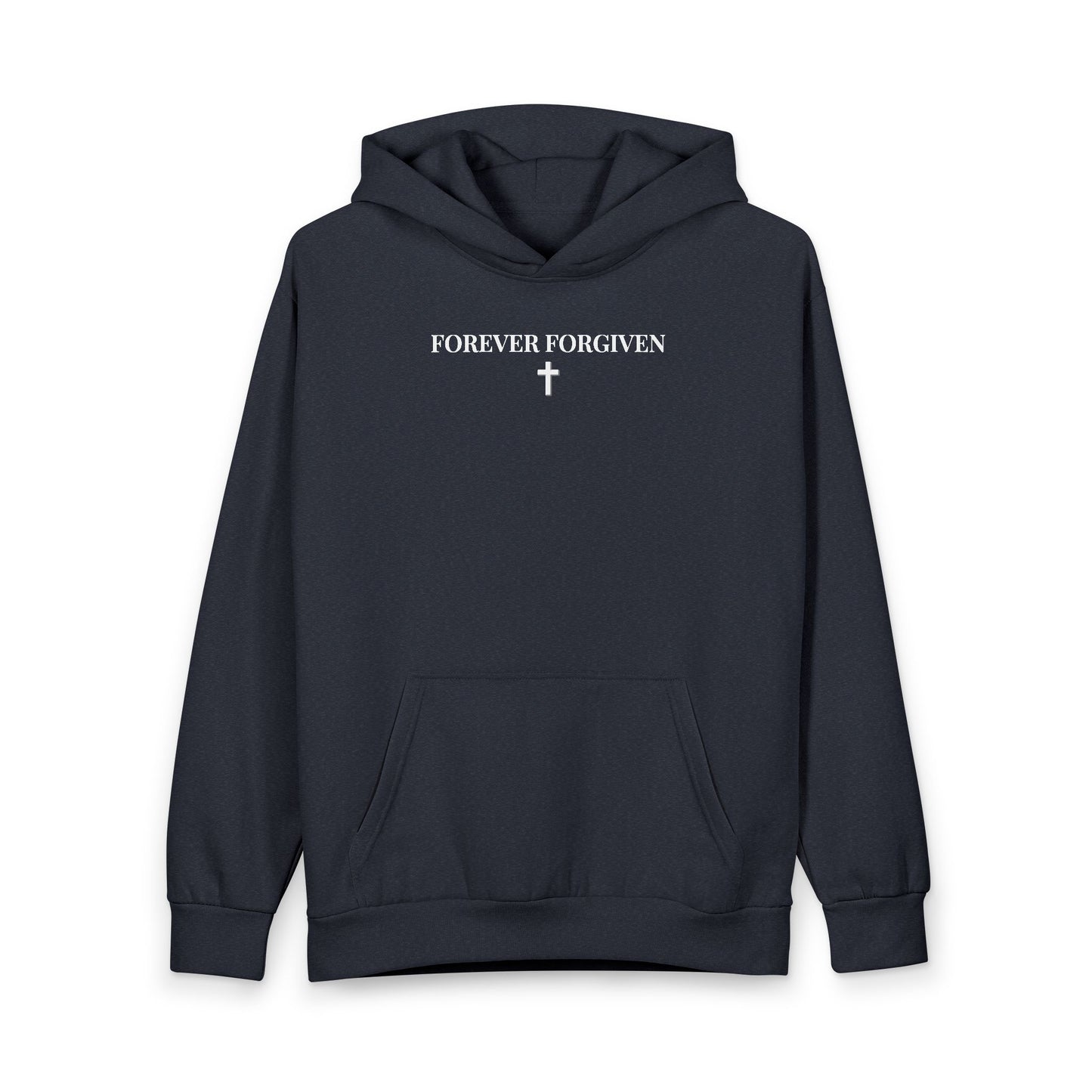 Black hoodie with front pocket featuring white text 'FOREVER FORGIVEN' and a white cross symbol