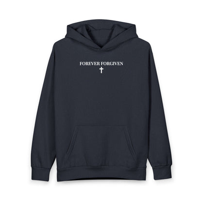 Black hoodie with front pocket featuring white text 'FOREVER FORGIVEN' and a white cross symbol
