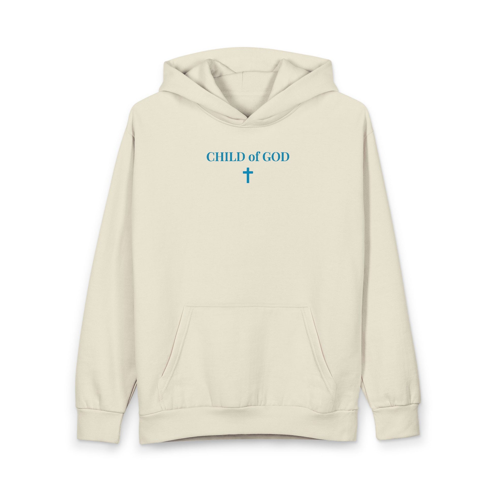 Beige hoodie with blue text reading 'CHILD of GOD' and a Christian cross graphic on front