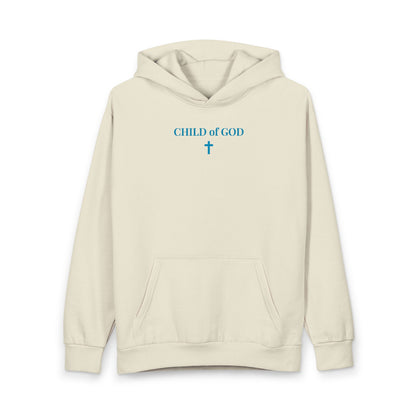 Beige hoodie with blue text reading 'CHILD of GOD' and a Christian cross graphic on front