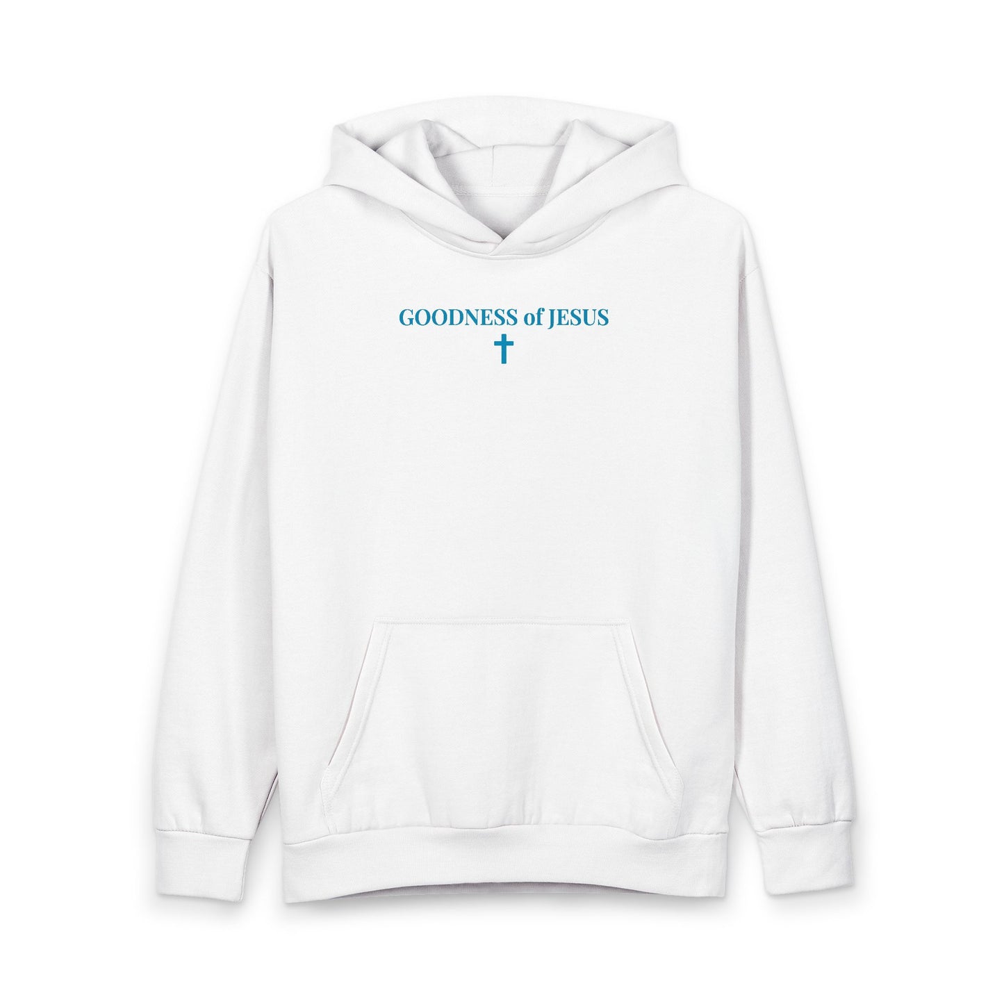 White hoodie with blue text Goodness of Jesus and a cross graphic on front