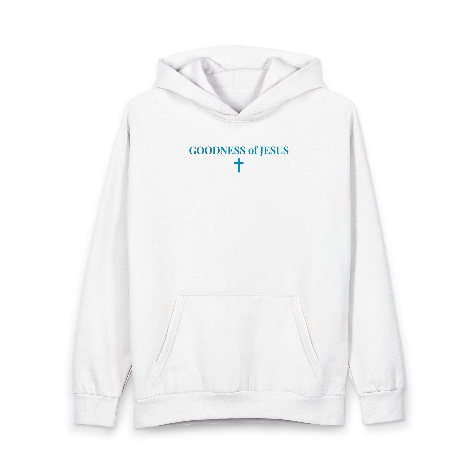 White hoodie with blue text Goodness of Jesus and a cross graphic on front