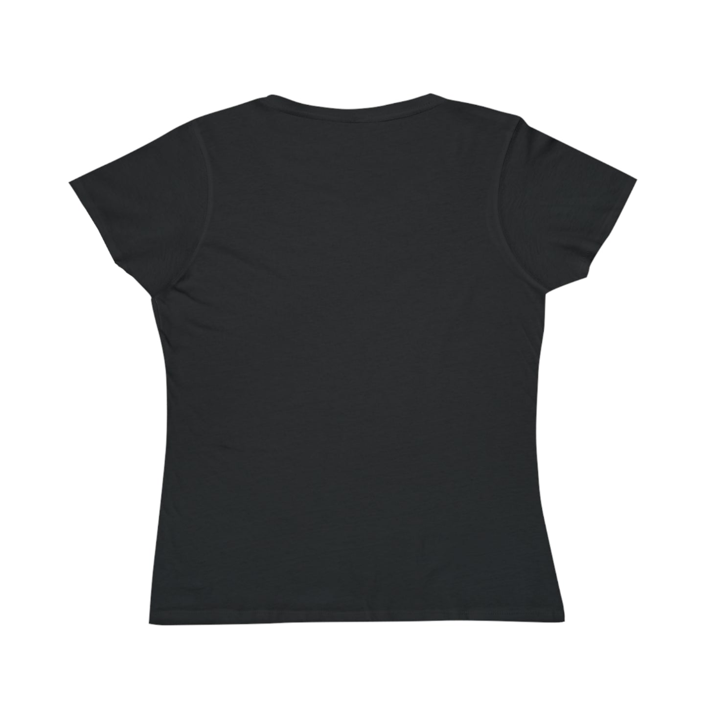 Back view of plain black short-sleeve women's fitted t-shirt on white background