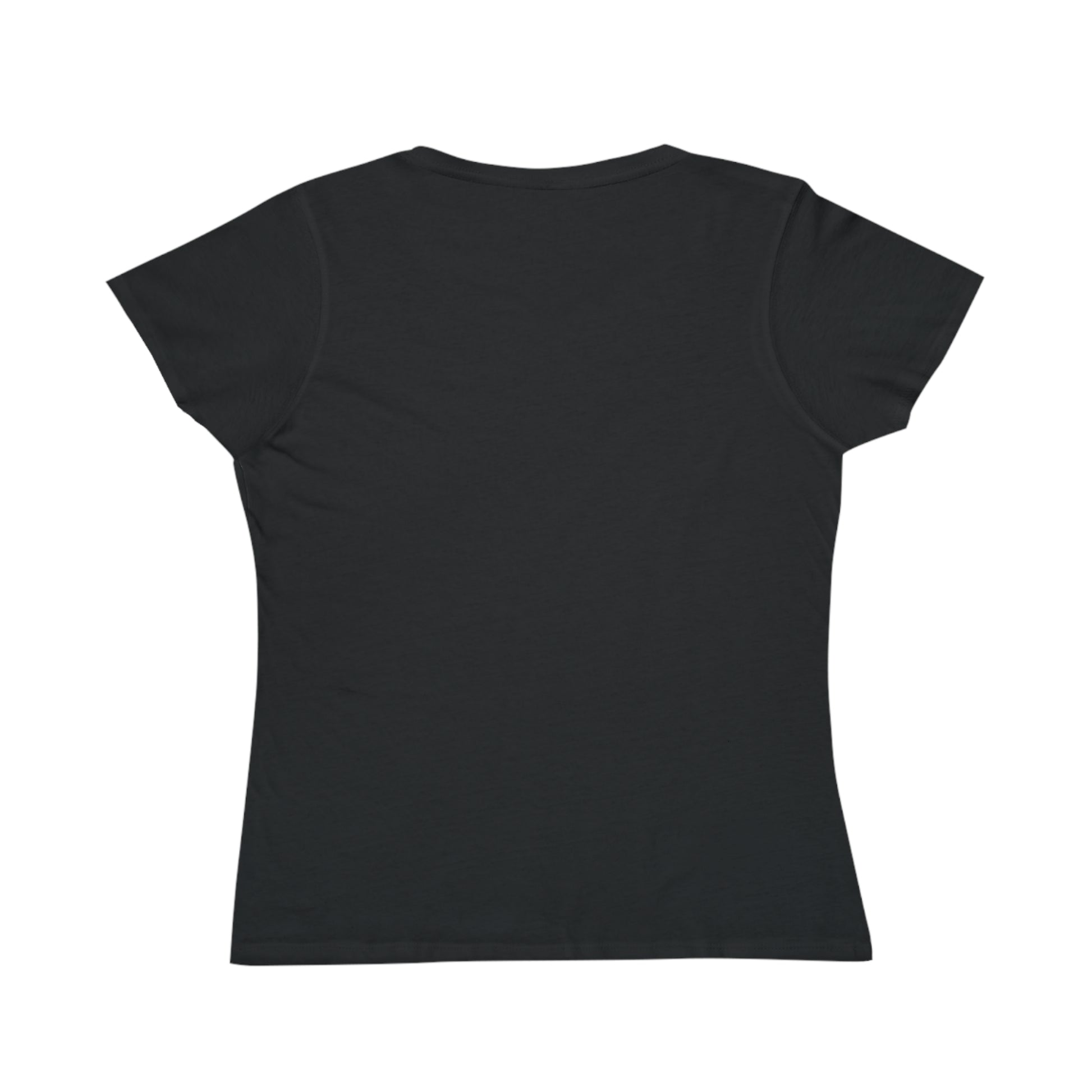 Back view of plain black short-sleeve women's fitted t-shirt on white background
