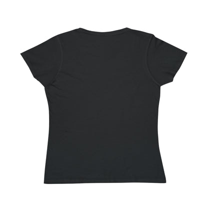 Back view of plain black short-sleeve women's fitted t-shirt on white background