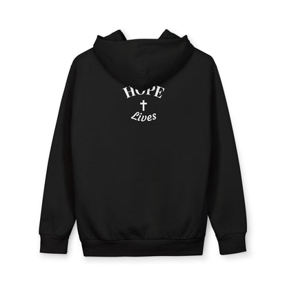Black hoodie with white text and cross graphic reading 'HOPE Lives' on the back