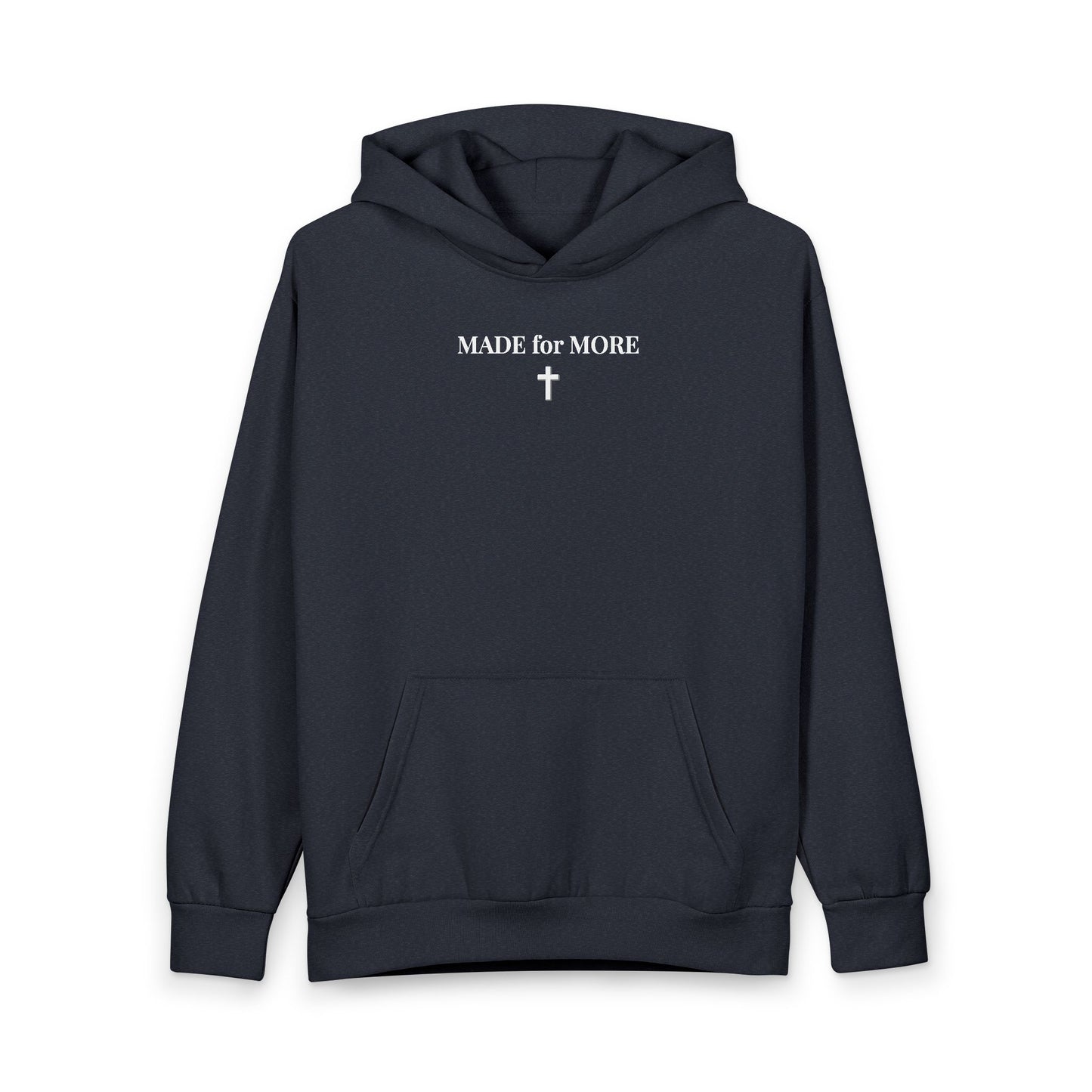 Black hoodie with white text 'MADE for MORE' and a cross graphic on the front