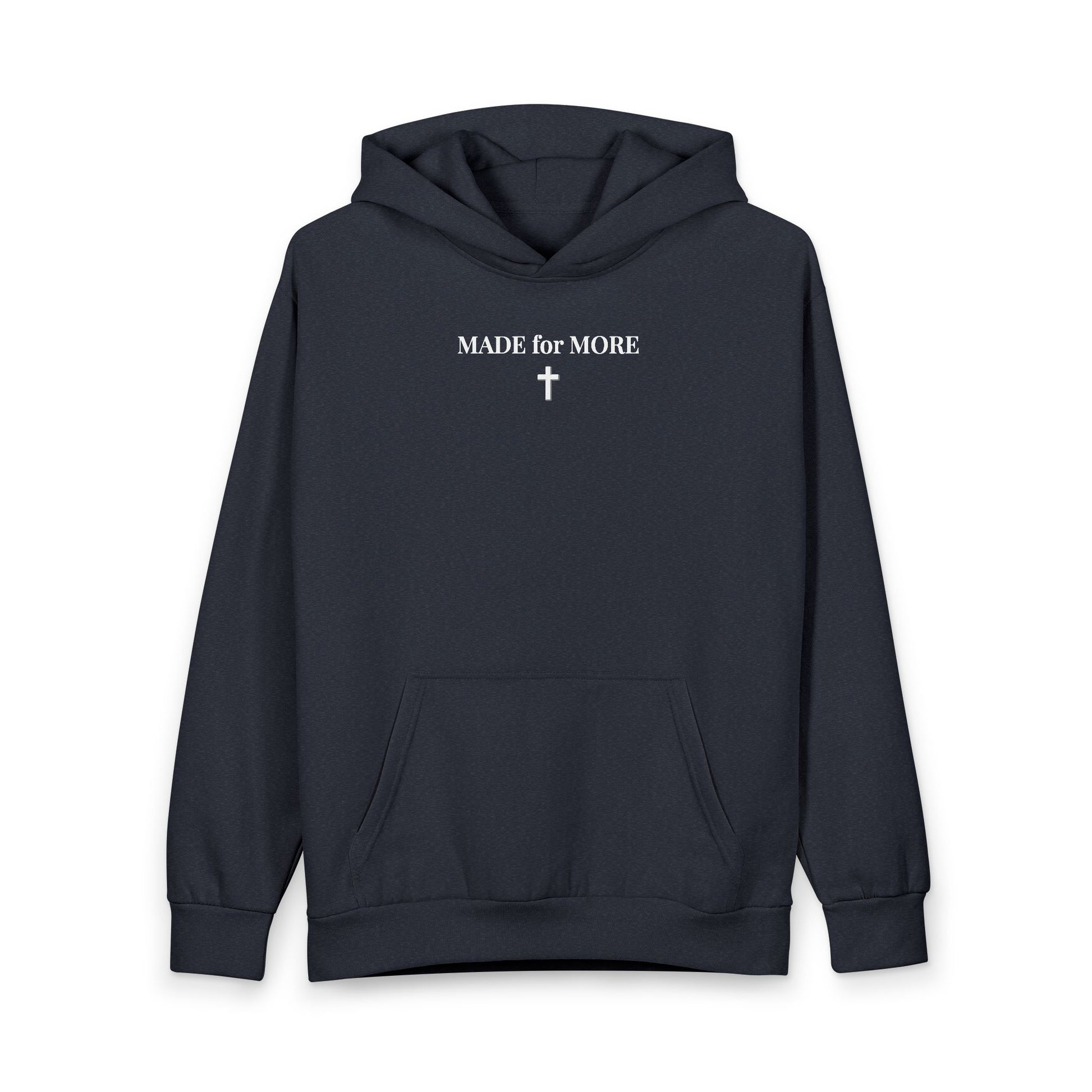 Black hoodie with white text 'MADE for MORE' and a cross graphic on the front