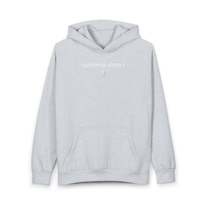 Light gray hoodie with front pocket and text Goodness of Jesus with a cross graphic