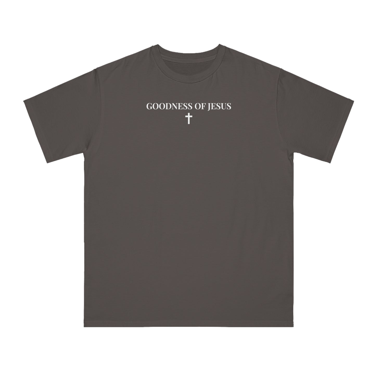 Dark gray t-shirt with white text "GOODNESS OF JESUS" and a small cross graphic below