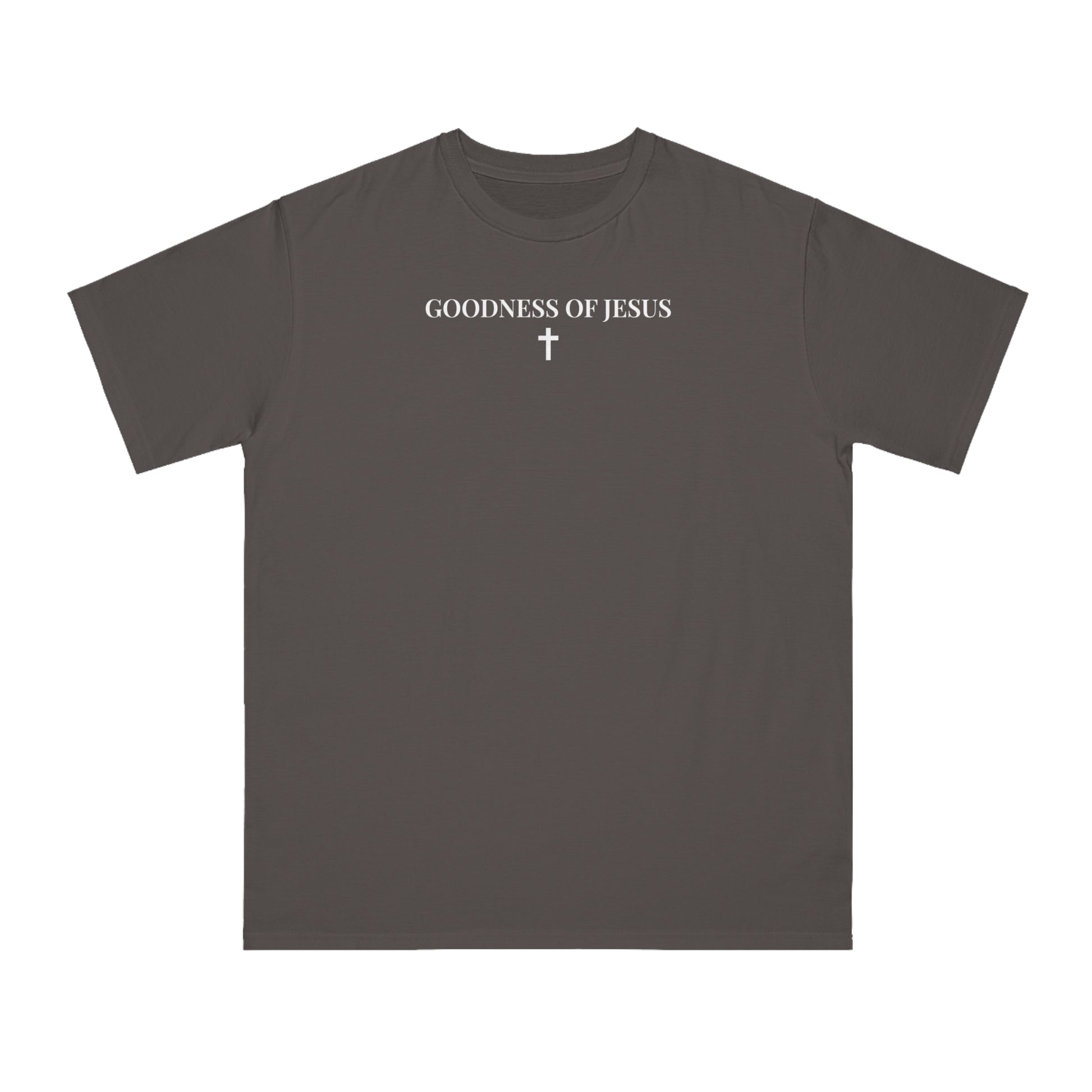 Dark gray t-shirt with white text "GOODNESS OF JESUS" and a small cross graphic below