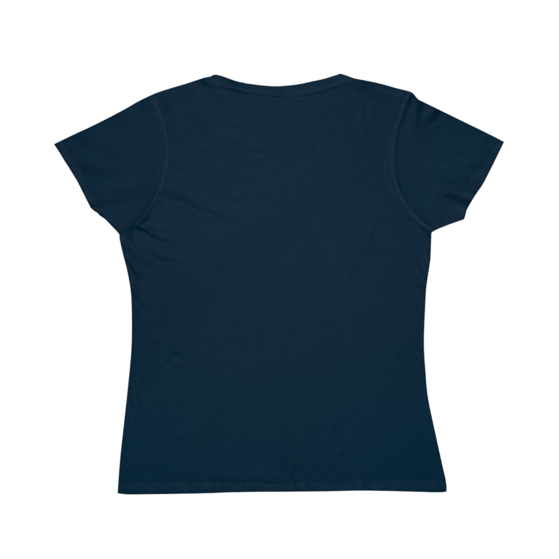 Plain navy blue women's short sleeve t-shirt, back view, casual cotton fabric