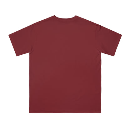 Back view of plain maroon short-sleeve cotton t-shirt on white background