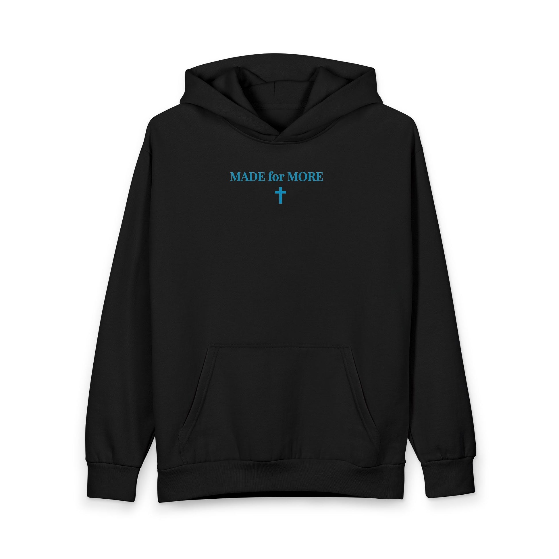 Black hoodie with blue text 'MADE for MORE' and a cross symbol printed on chest