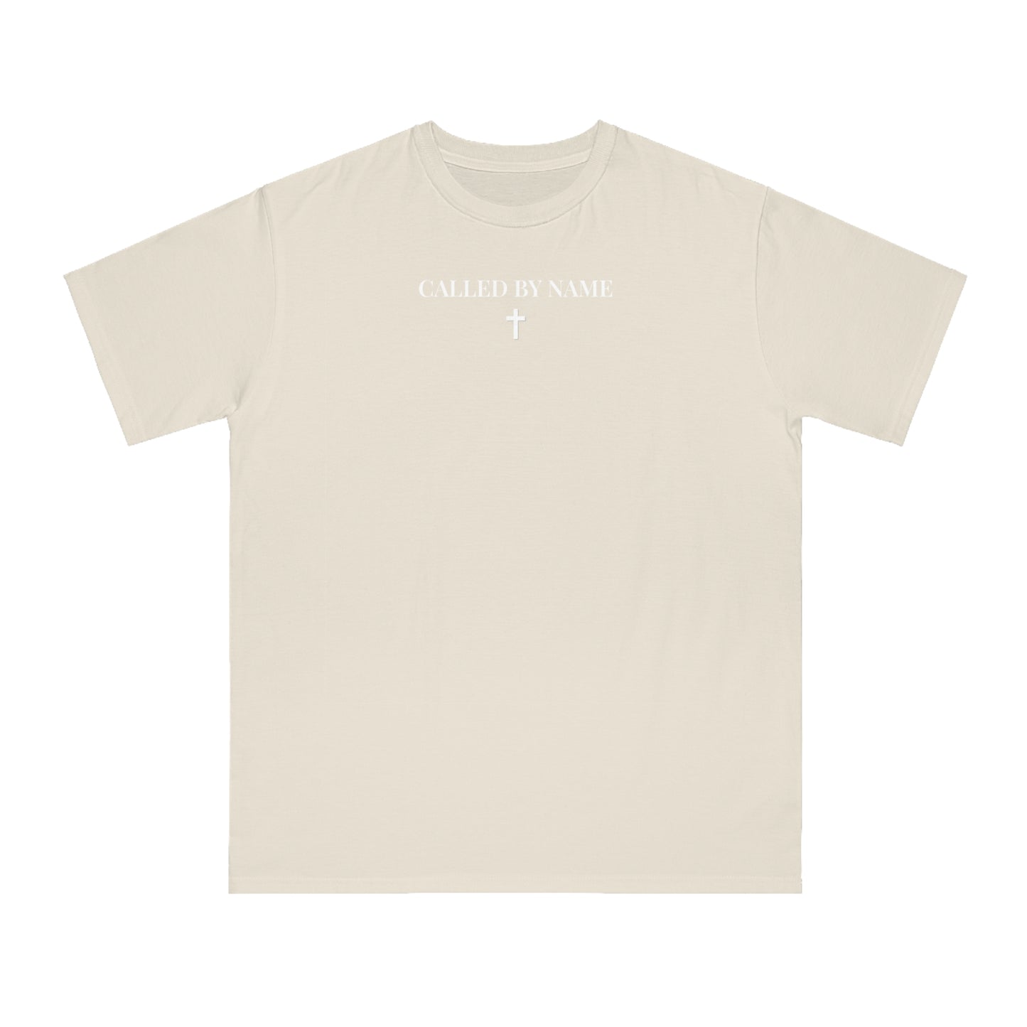 Beige t-shirt with white text 'CALLED BY NAME' and a cross symbol on front