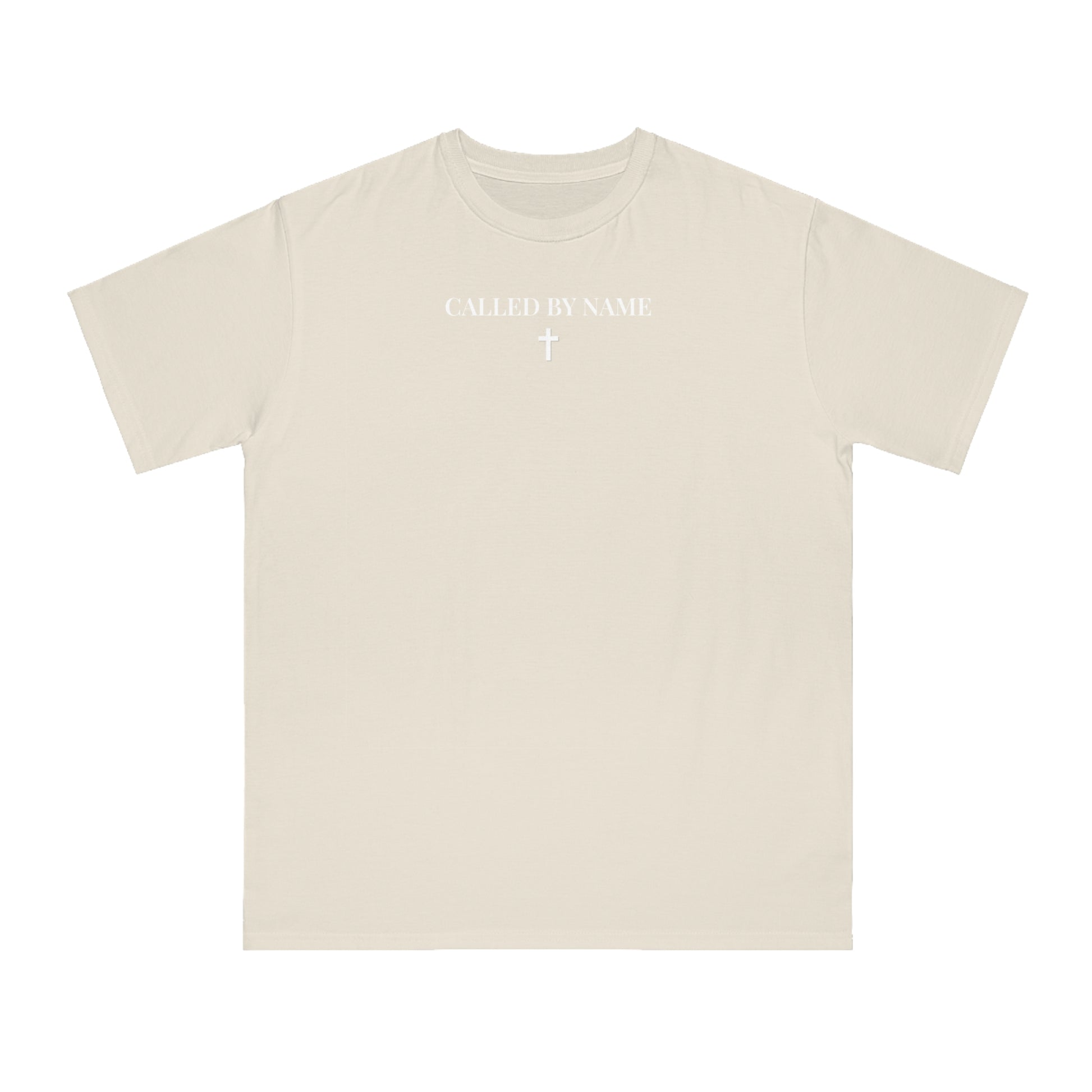 Beige t-shirt with white text 'CALLED BY NAME' and a cross symbol on front
